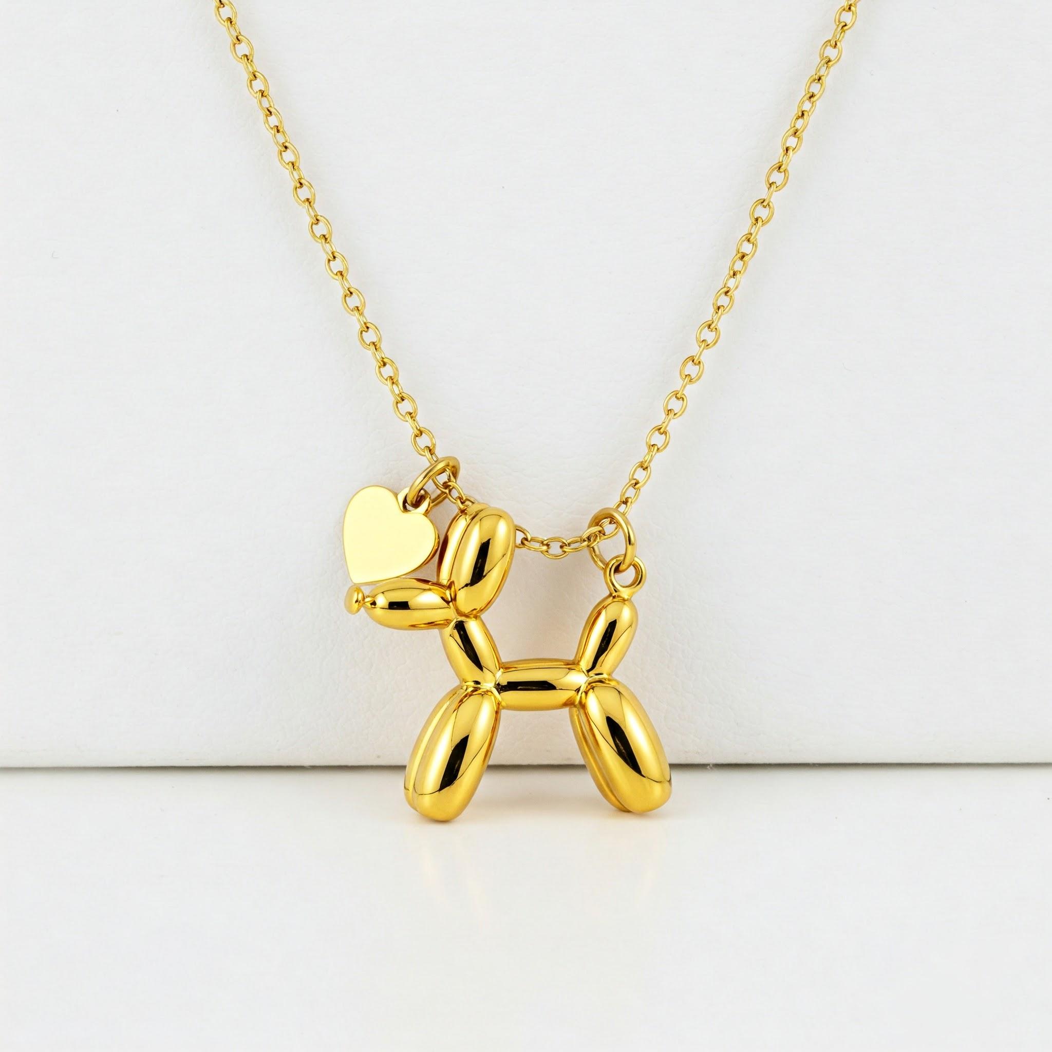 Stainless Steel Balloon Dog Pendant Necklace with Heart Tag